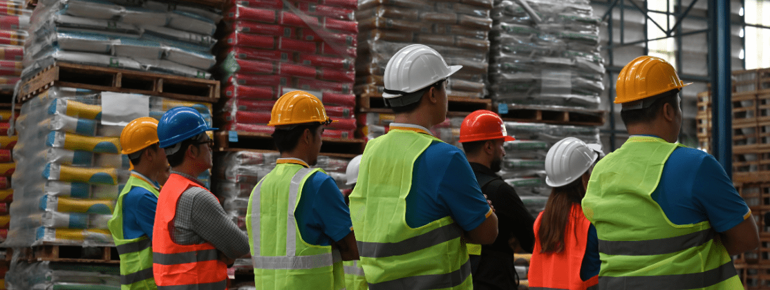 A group of people in hard hats and safety vests in a warehouse setting.