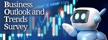Robot looking at the text, "Business Outlook and Trends Survey."
