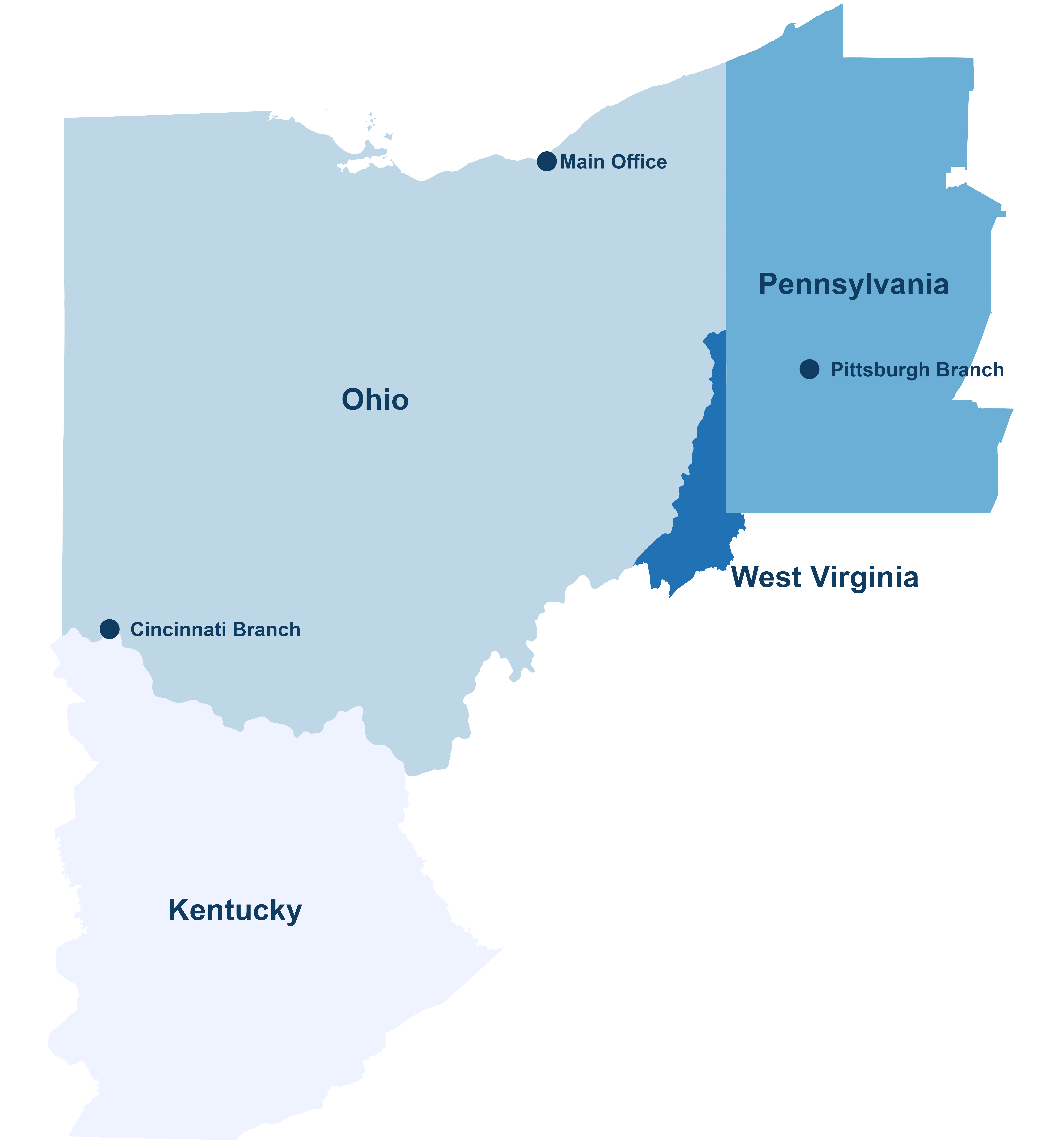 Map outlining the fourth district of the Federal Reserve system. The map also denotes the location of the Federal Reserve Bank of Cleveland and its branches in Cincinnati and Pittsburgh.