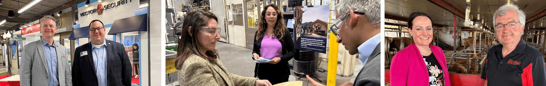 Three image collage: Left image: Bill Lucas, executive vice president of Junior Achievement (left), and Russell Mills, the senior regional officer at the Pittsburgh Branch (right), meet at JA BizTown. (2024) ... Center image: President Hammack and Guhan Venkatu, a senior policy advisor, receive a tour of Seaman Corporation from Jessica Little, a process engineer. (2024) ... Right image:  Julianne Dunn, the senior regional officer at the Cincinnati Branch (left), and Dan Young, CEO of Young’s Jersey Dairy, Inc. (right), tour their facilities. (2024)